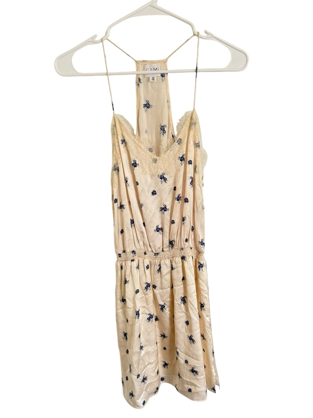 Cami NYC Silk Cream with Blue Floral Lace Trim Mini Dress